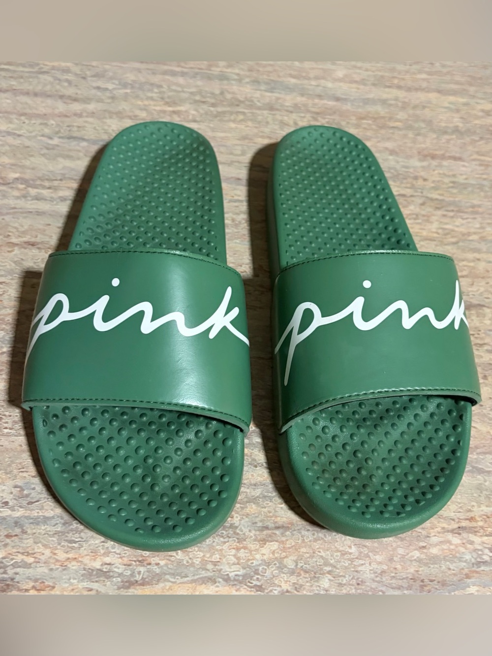 PINK Victoria’s Secret Green 'pink' Script Slide Sandals